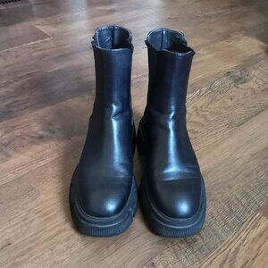 Zara Black Leather Chunky Ankle Boots Size US8/EU38/24.5CM